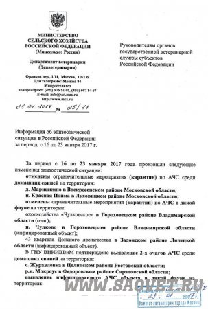 Информация об эпизоотической ситуации в Российской Федерации за период с 16 по 23 января 2017 года