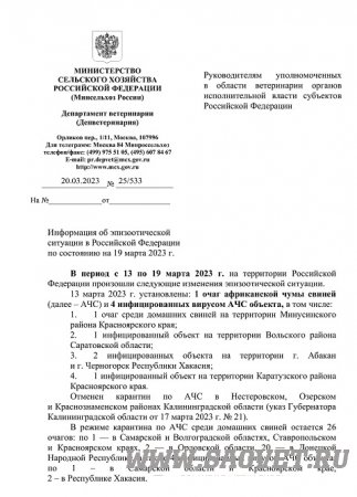 Информация по эпизоотической обстановке в РФ на 19 марта 2023 года